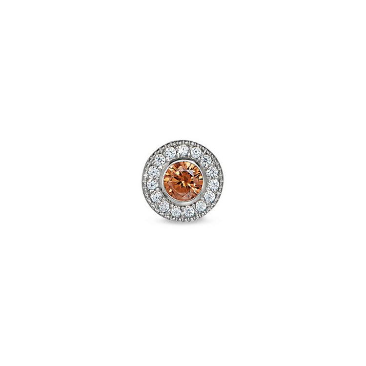 Platinum Finish Sterling Silver Micropave Round Simulated Citrine/November Birthstone Charm