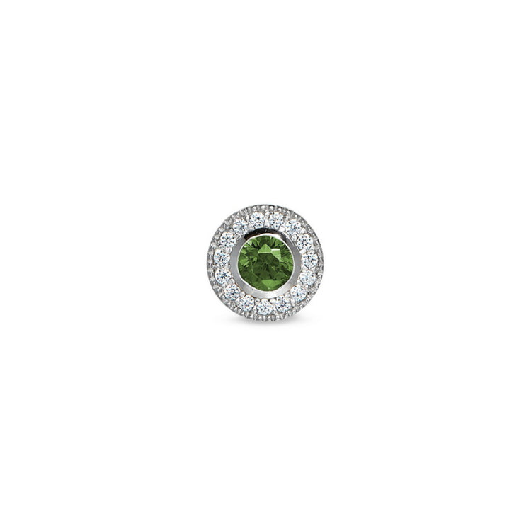 Platinum Finish Sterling Silver Micropave Round Simulated Peridot/August Birthstone Charm
