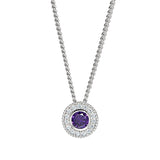 Platinum Finish Sterling Silver Round Simulated Amethyst Birth Gem Pendant  on 18