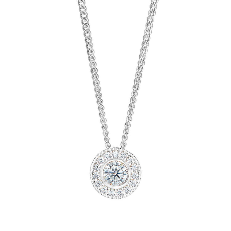 Platinum Finish Sterling Silver Round Simulated Diamond Birth Gem Pendant  on 18" Curb Chain