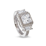 Platinum Finish Sterling Silver Micropave Princess Cut Ring with 51 Simulated Diamonds