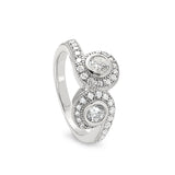 Platinum Finish Sterling Silver Micropave Swirl Two Stone Ring with Two 120 Facet Simulated Daimonds