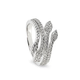 Platinum Finish Sterling Silver Micropave Leaf Ring with Simulated Diamonds