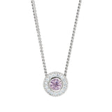 Platinum Finish Sterling Silver Round Simulated Pink Sapphire Birth Gem Pendant  on 18