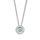 Platinum Finish Sterling Silver Round Simulated Aquamarine Birth Gem Pendant  on 18