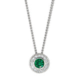 Platinum Finish Sterling Silver Round Simulated Emerald Birth Gem Pendant  on 18