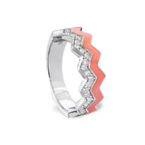 Platinum finish sterling silver micropave ring with with coral enamel and simulated diamondss