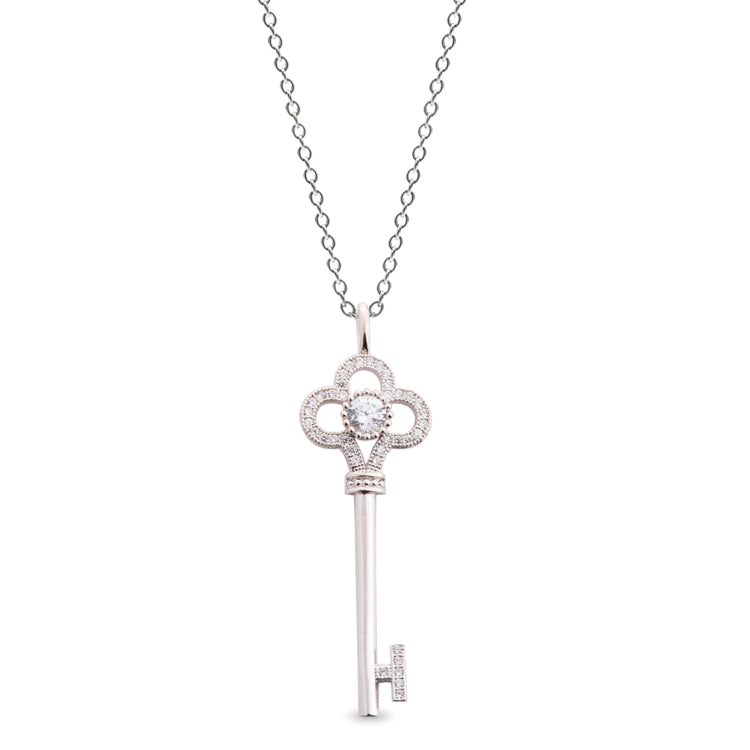 Platinum Finish Sterling Silver Micropave Flower Key Pendant With 33 Simulated Diamonds On 18" Cable Chain