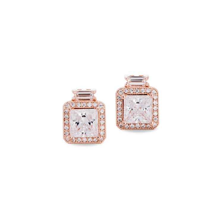 Rose Gold Finish Sterling Silver Micropave Princess Cut Earrings With 52 Simulated Diamonds