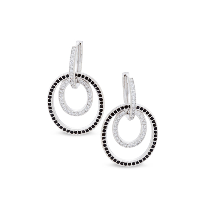 Platinum Finish Sterling Silver Micropave Black And White Interlocking Huggie Earrings With Simulated Diamonds