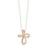 Rose Gold Finish Sterling Silver Ribbon Cross With Simulated Diamonds On 18" Cable Chain