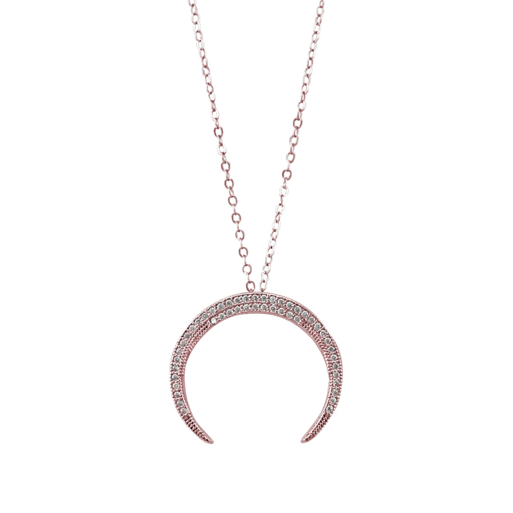 Rose Gold Finish Sterling Silver Micropave Upside Down Crescent Moon Pendant With Simulated Diamonds On 18" Cable Chain