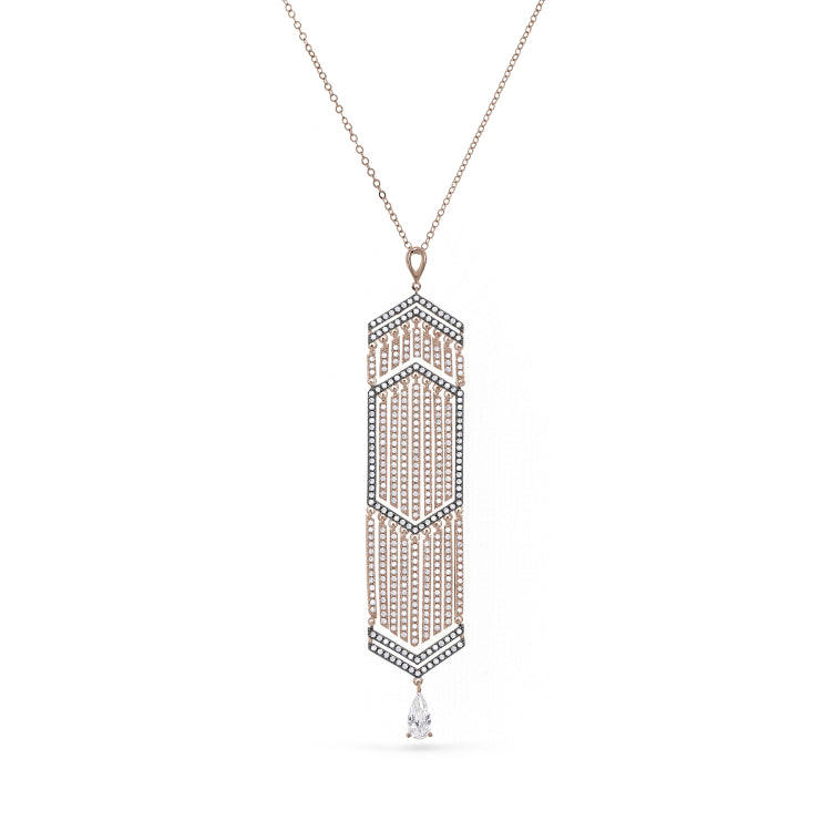 Rose Gold And Black Rhodium Finish Sterling Silver Micropave Cascade Pendant With Simulated Diamonds On 20" Cable Chain
