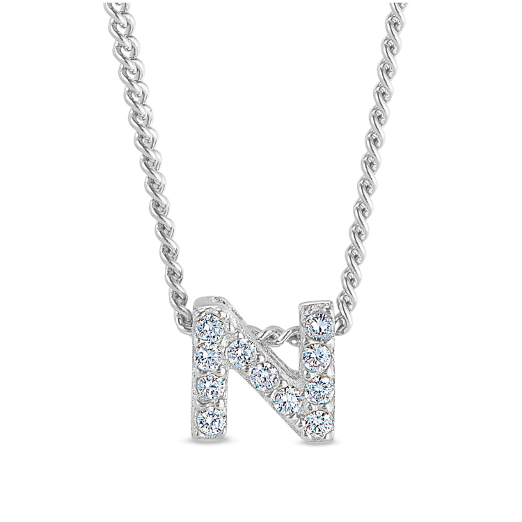 Platinum Finish Sterling Silver Micropave N Initial Pendant With Simulated Diamonds On 18" Curb Chain