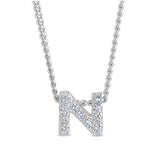 Platinum Finish Sterling Silver Micropave N Initial Pendant With Simulated Diamonds On 18" Curb Chain