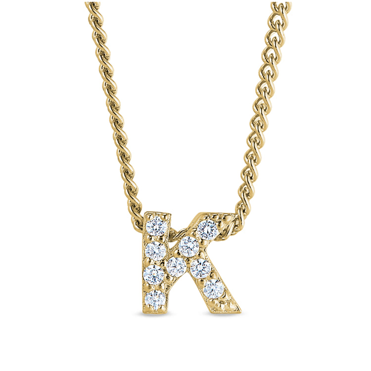 Gold Finish Sterling Silver Micropave K Initial Pendant With Simulated Diamonds On 18" Curb Chain