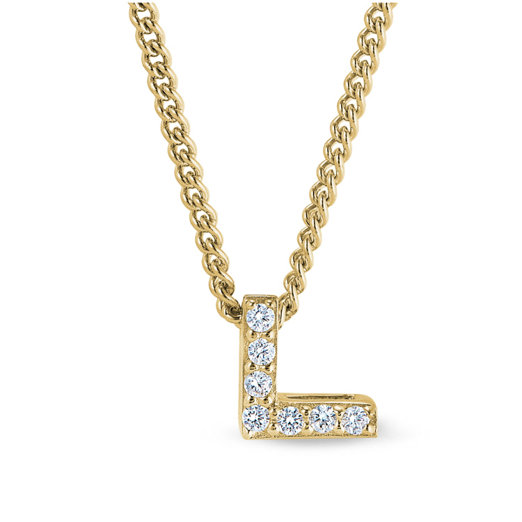 Gold Finish Sterling Silver Micropave L Initial Pendant With Simulated Diamonds On 18" Curb Chain