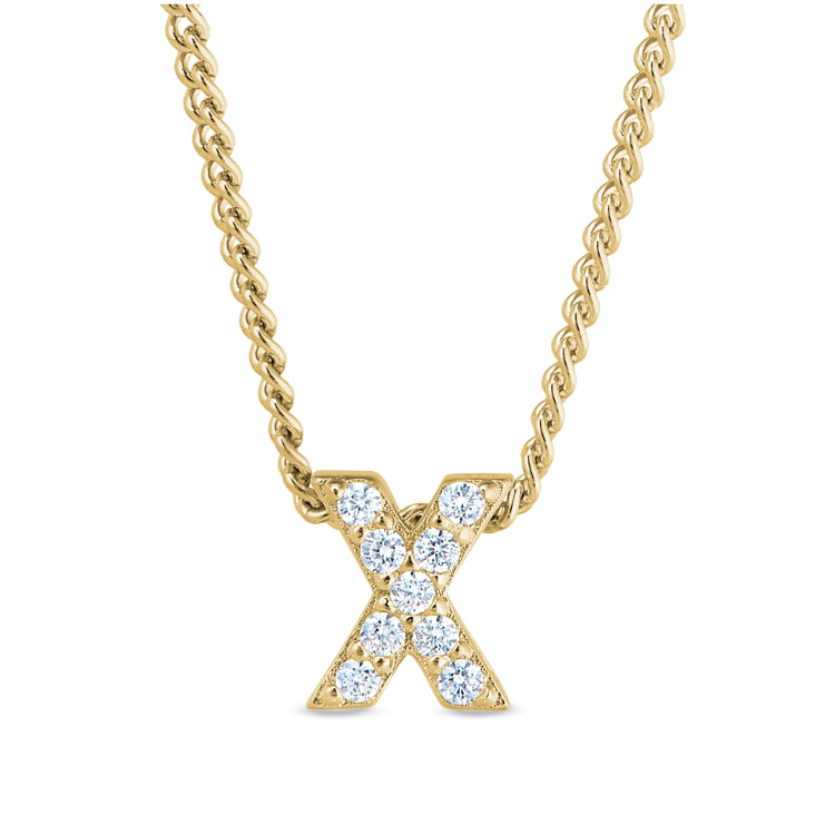 Gold Finish Sterling Silver Micropave X Initial Pendant With Simulated Diamonds On 18" Curb Chain