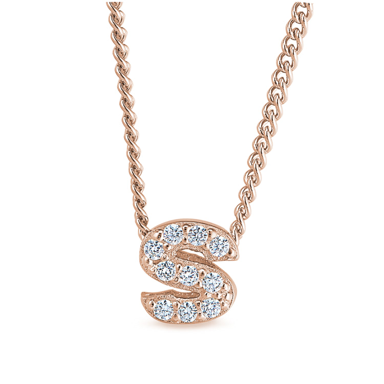 Rose Gold Finish Sterling Silver Micropave S Initial Pendant With Simulated Diamonds On 18" Curb Chain