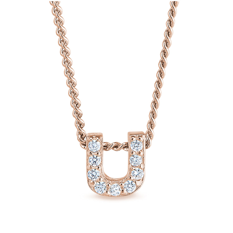 Rose Gold Finish Sterling Silver Micropave U Initial Pendant With Simulated Diamonds On 18" Curb Chain