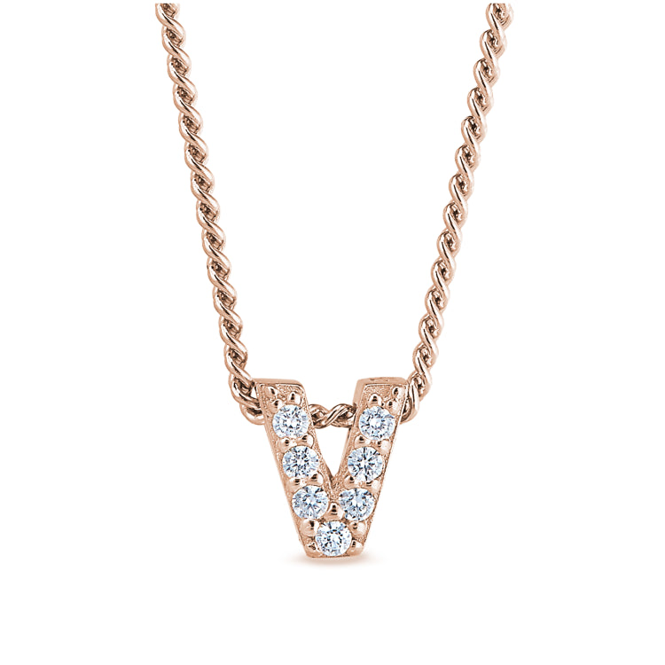 Rose Gold Finish Sterling Silver Micropave V Initial Pendant With Simulated Diamonds On 18" Curb Chain