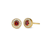 Gold Finish Sterling Silver Micropave Round Simulated Garnet Earrings With Simulated Diamonds