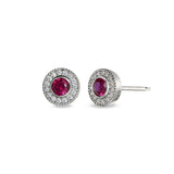 Platinum Finish Sterling Silver Micropave Round Simulated Ruby Earrings With Simulated Diamonds
