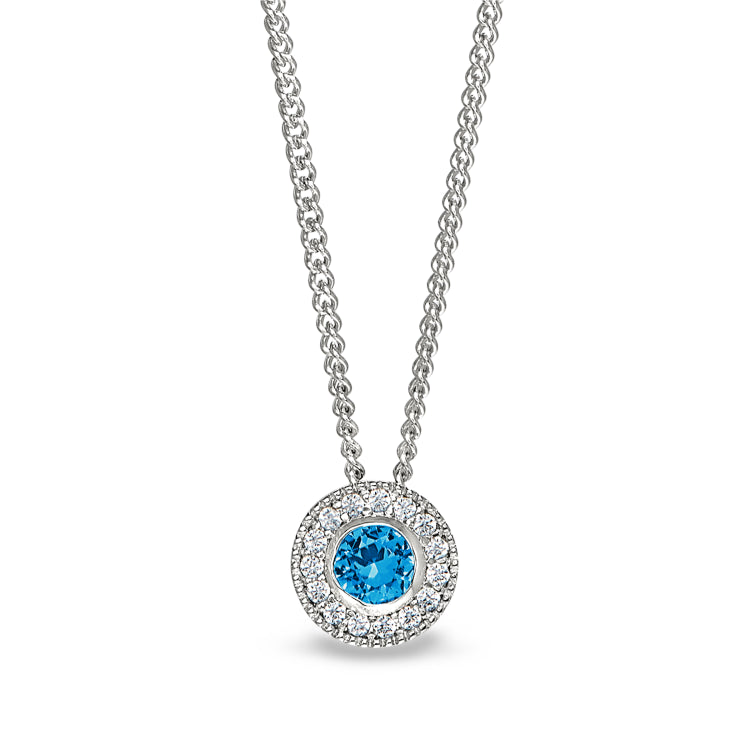 Platinum Finish Sterling Silver Round Simulated Blue Topaz Birth Gem Pendant With Simulated Diamonds On 18" Curb Chain