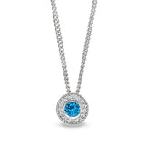 Platinum Finish Sterling Silver Round Simulated Blue Topaz Birth Gem Pendant With Simulated Diamonds On 18" Curb Chain