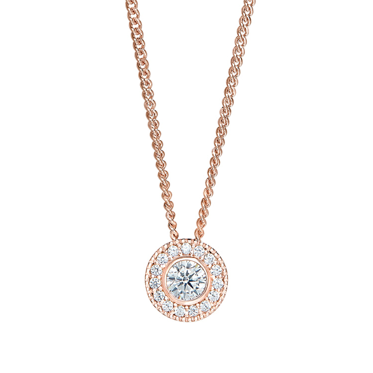Rose Gold Micropave Round Simulated Diamond Birth Gem Pendant With Simulated Diamonds On 18" Curb Chain