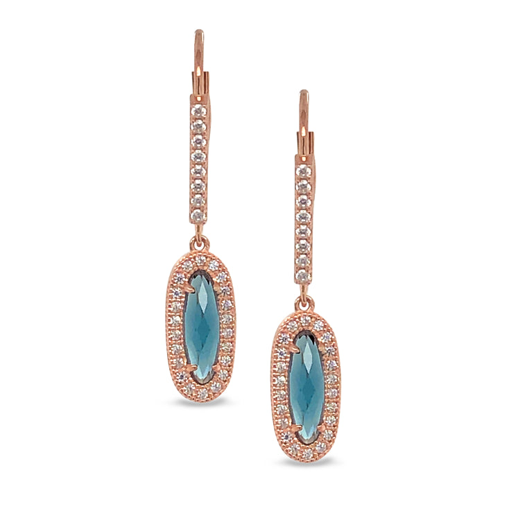 Rose Gold Finish Sterling Silver Micropave Oblong Earrings With Simulated London Blue Topaz And Simulated Diamonds