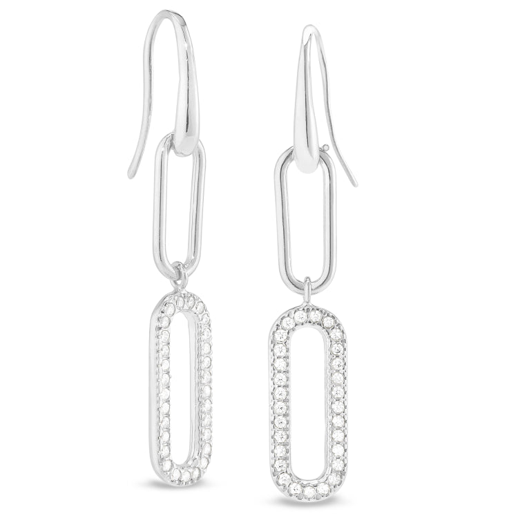 Platinum Finish Sterling Silver Micropave Paper Clip Earrings With A Single Link With Simulated Diamonds