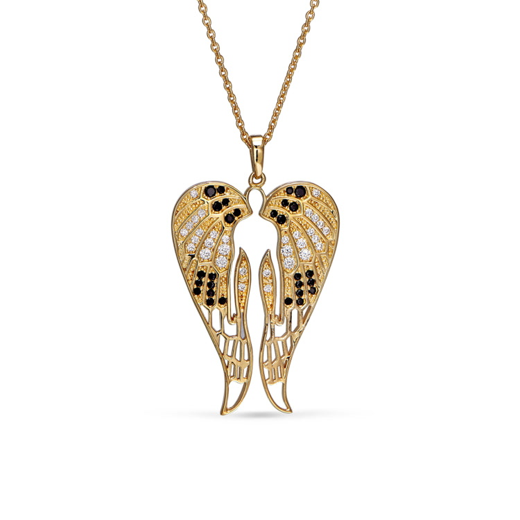 Gold Finish Sterling Silver Micropave Angel Wings Pendant With Simmulated Diamonds On 16" - 18" Adjustable Chain