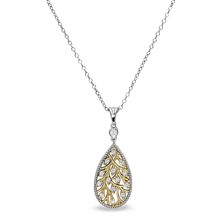 Platinum And Gold Vermeil Finish Sterling Silver Micropave Tear Drop Pendant With Simulated Diamonds On 18" Cable Chain