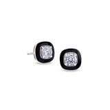 Platinum Finish Sterling Silver Micropave Small Cushion Cut Earrings With Black Enamel And Simulated Diamonds