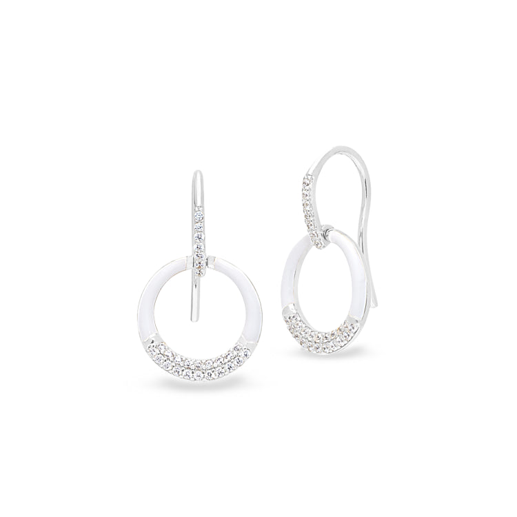 Platinum Finish Sterling Silver Micropave White Enamel Open Circle Drop Earrings With Simulated Diamonds