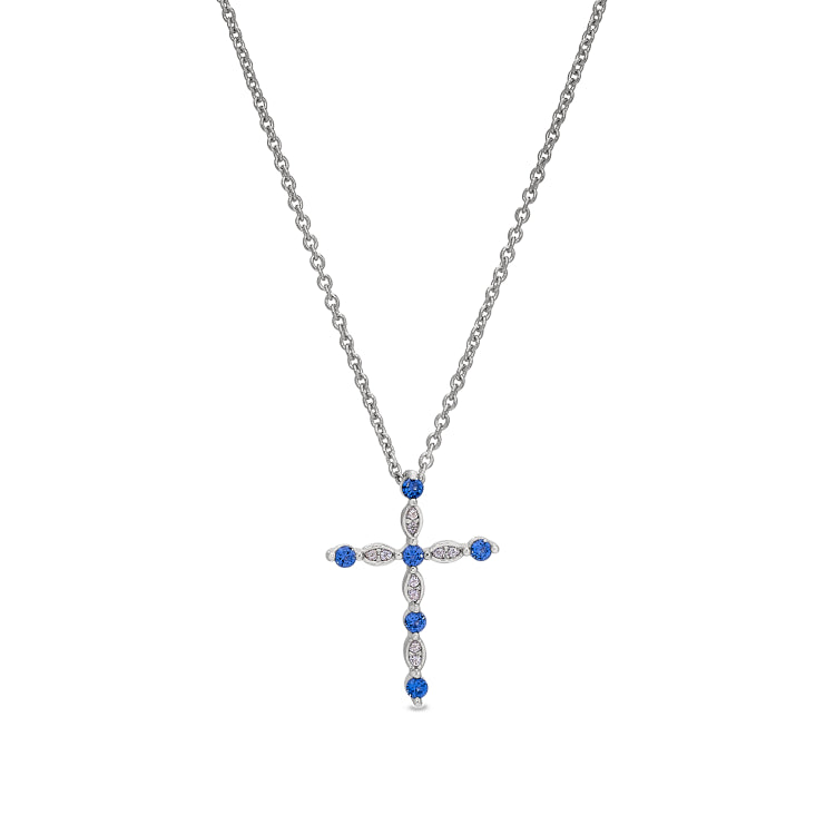 Platinum Finish Sterling Silver Simmulated Sapphire Cross Pendant with  Simmulated Diamonds on 16