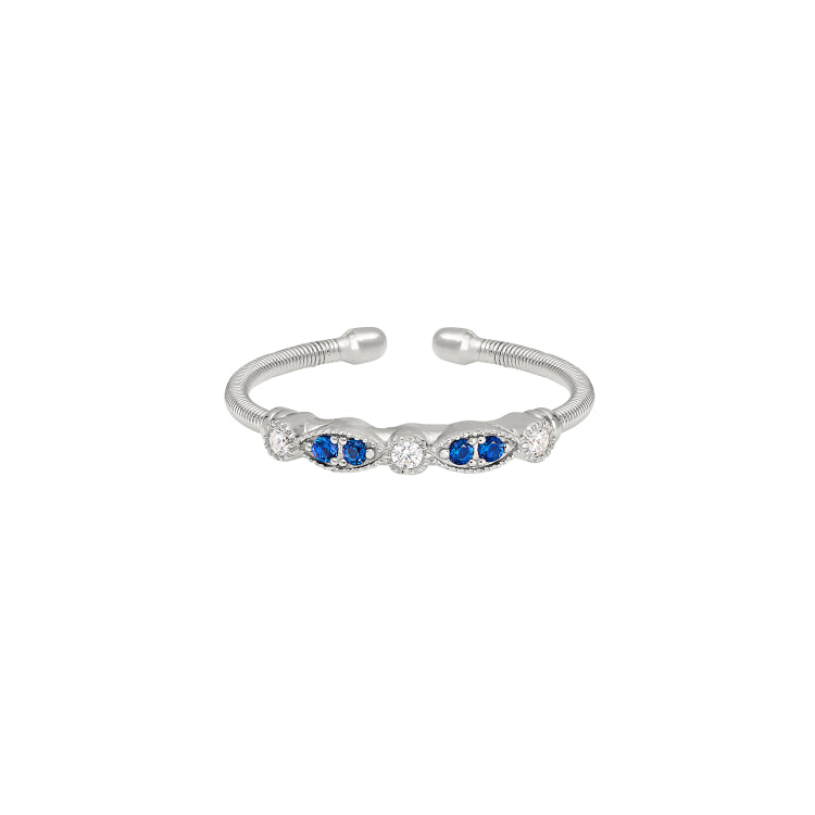 Rhodium Finish Sterling Silver Cable Cuff Ring With Simulated Blue Sapphire And Simulated Diamond Marquis & Round Design