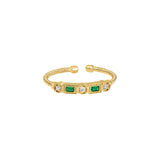 Gold Finish Sterling Silver Cable Cuff Ring With Simulated Emeralds And Simulated Diamonds