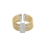 Gold Finish Sterling Silver Multi Cable Cuff Ring With Rhodium Finish Simulated Diamond Three Rows