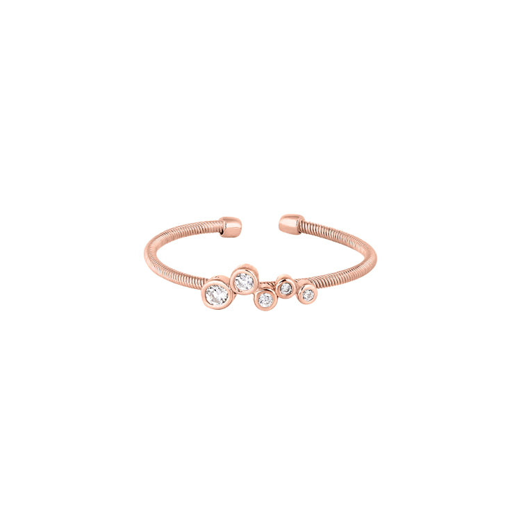 Rose Gold Finish Sterling Silver Cable Cuff Ring With Bubble Pattern With Simulated Diamonds