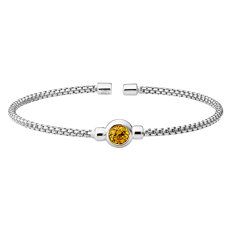 Rhodium Finish Sterling Silver Rounded Box Link Cuff Bracelet With Bezel Set Simulated Citrine Birth Gem
