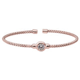 Rose Gold Finish Sterling Silver Rounded Box Link Cuff Bracelet With Bezel Set Simulated Diamond Birth Gem