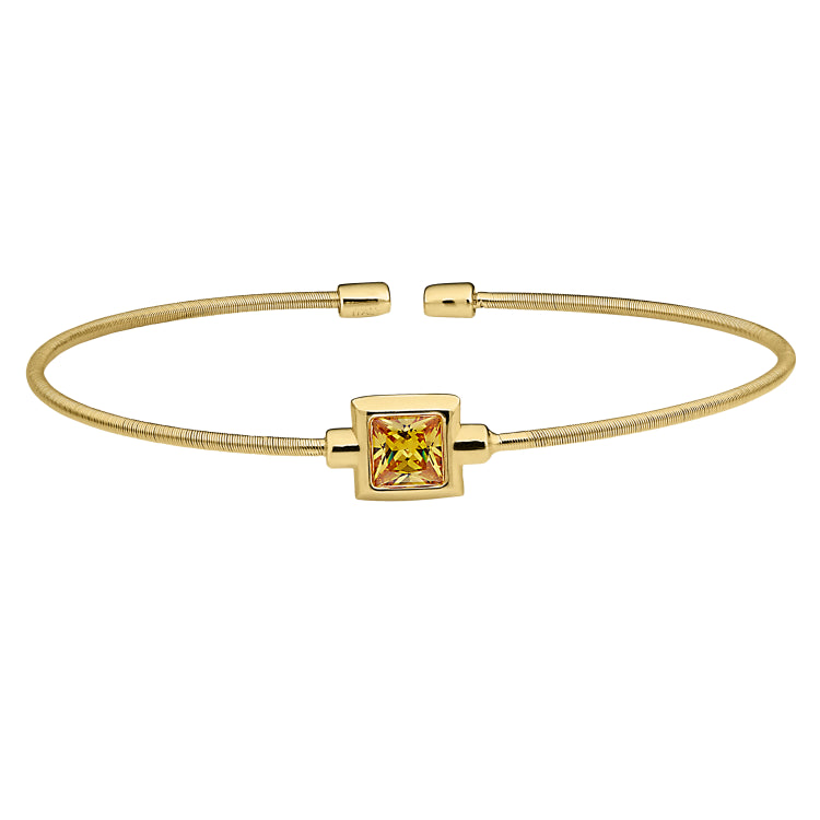 Gold Finish Sterling Silver Cable Cuff Bracelet With Princess Cut Simulated Citrine Birth Gem