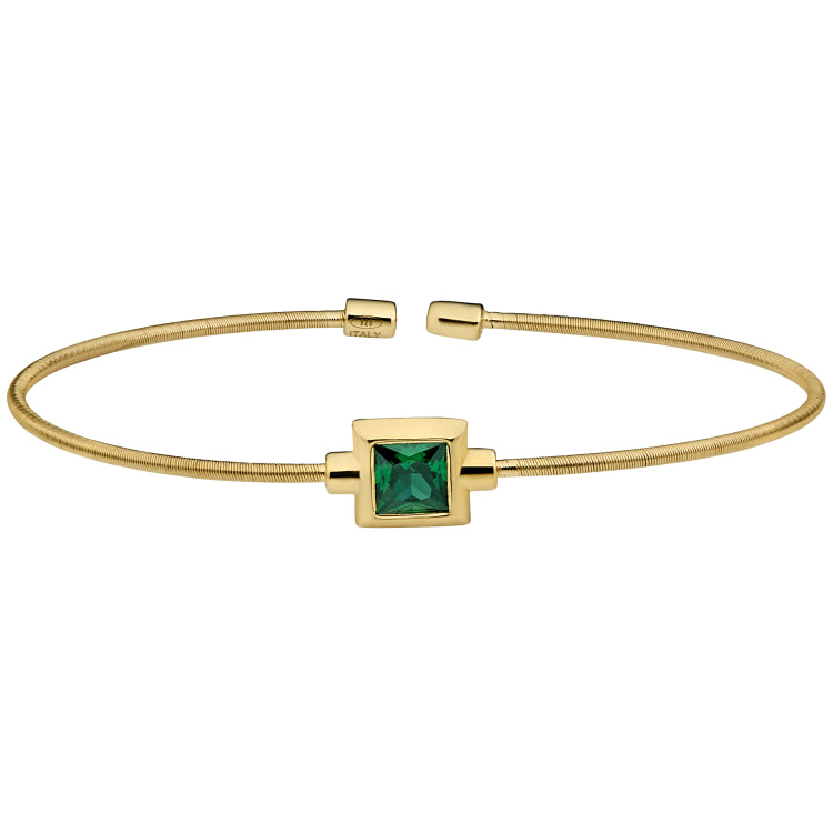 Gold Finish Sterling Silver Cable Cuff Bracelet With Princess Cut Simulated Emerald Birth Gem