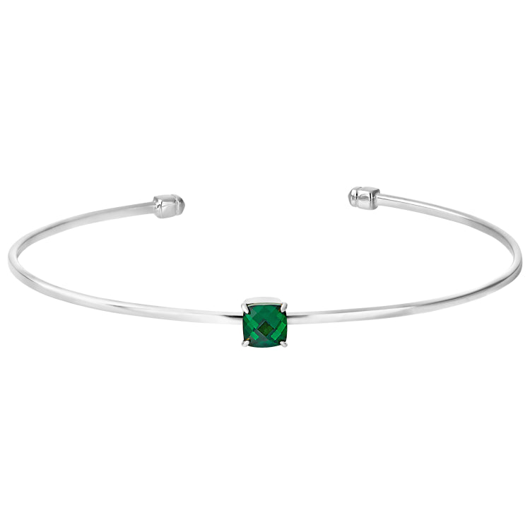 Rhodium Finish Sterling Silver Pliable Cuff Bracelet With Faceted Cushion Cut Simulated Emerald Birth Gem - May