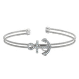 Rhodium Finish Sterling Silver Two Cable Anchor Cuff Bracelet Bracelet with Simulated Diamonds