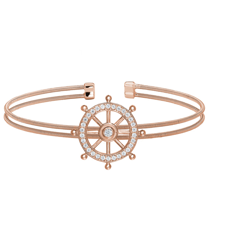 Rose Gold Finish Sterling Silver Two Cable Ships Wheel Cuff Bracelet Bracelet With Simulated Diamonds