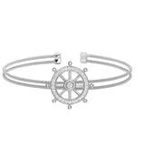 Rhodium Finish Sterling Silver Two Cable Ships Wheel Cuff Bracelet Bracelet With Simulated Diamonds