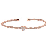 Rose Gold Finish Sterling Silver Thin Tightly Twisted Cable Cuff Bracelet with Heart with Simulated Diamonds